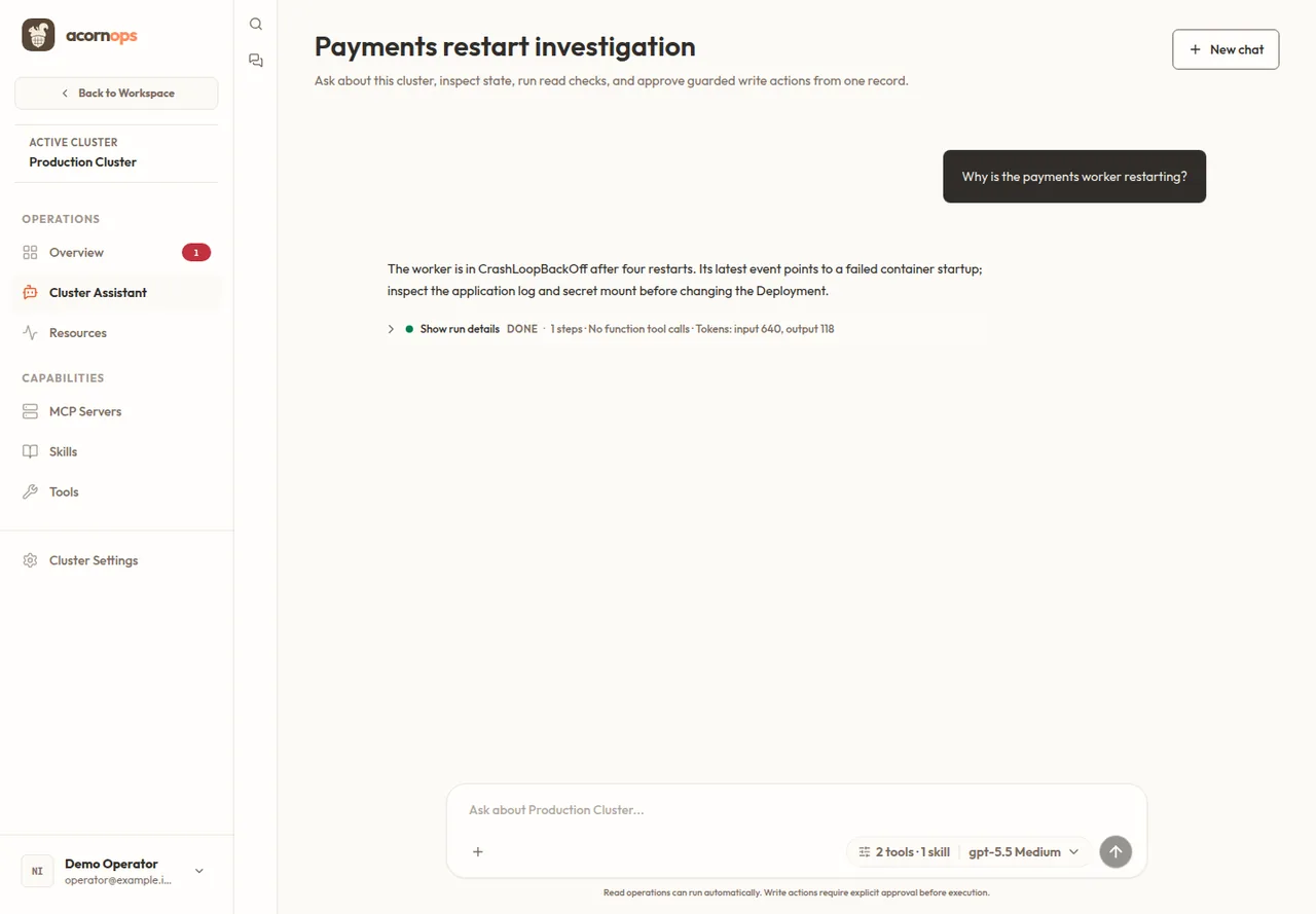 AcornOps cluster assistant answering why the payments worker is restarting, with the investigation result and supporting runtime context.