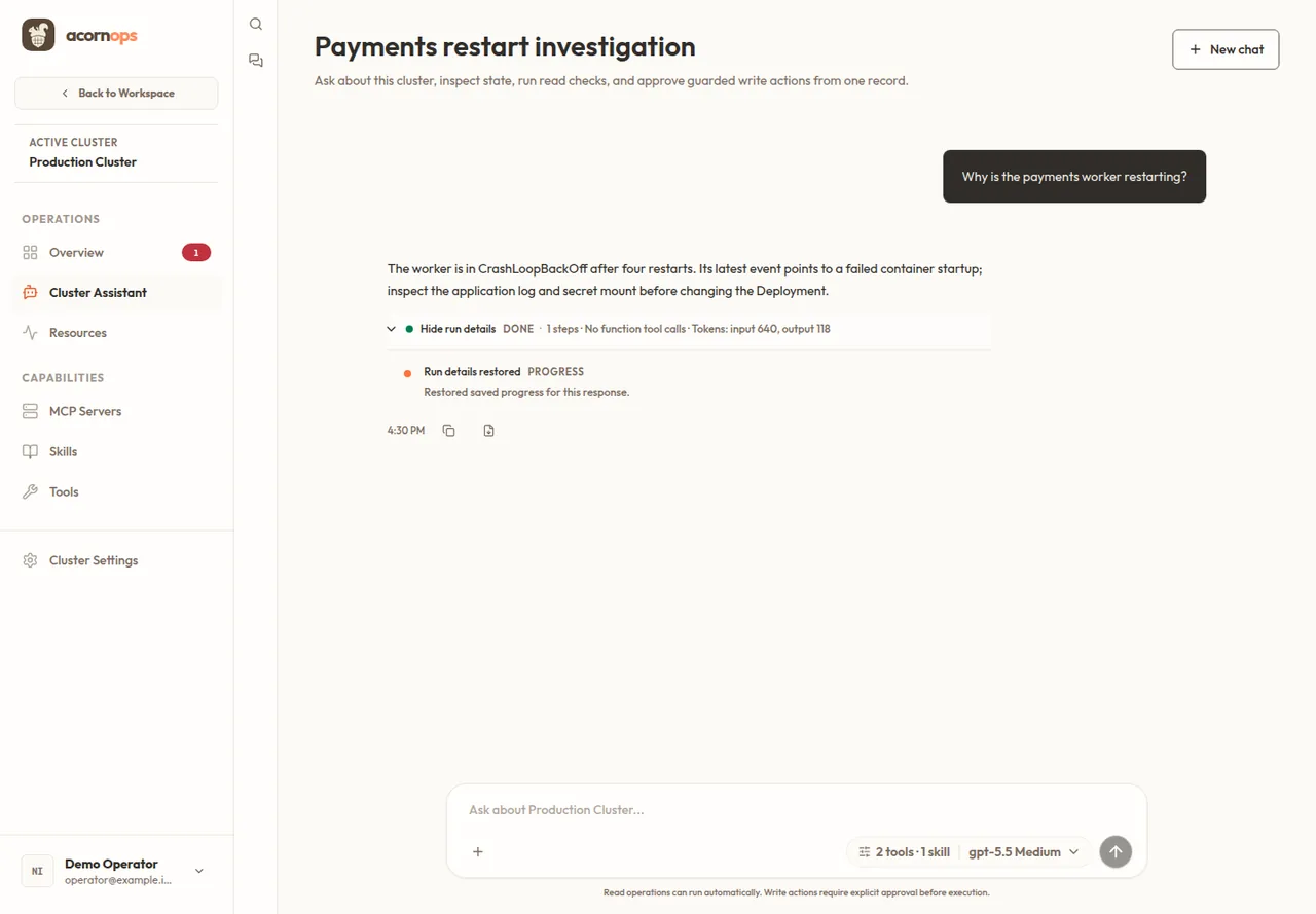 AcornOps cluster assistant showing the payments restart investigation with its completed run details expanded.